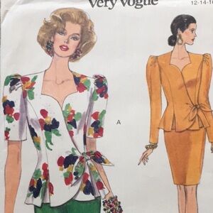 1990s sewing pattern Vogue 8291, suit, sweetheart neckline, puff sleeves…